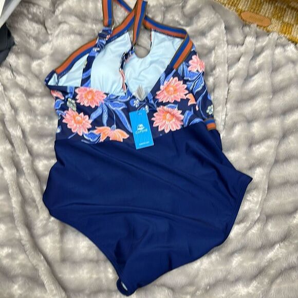 Navy Floral Cross Over Keyhole One-Piece Size L - Picture 3 of 3